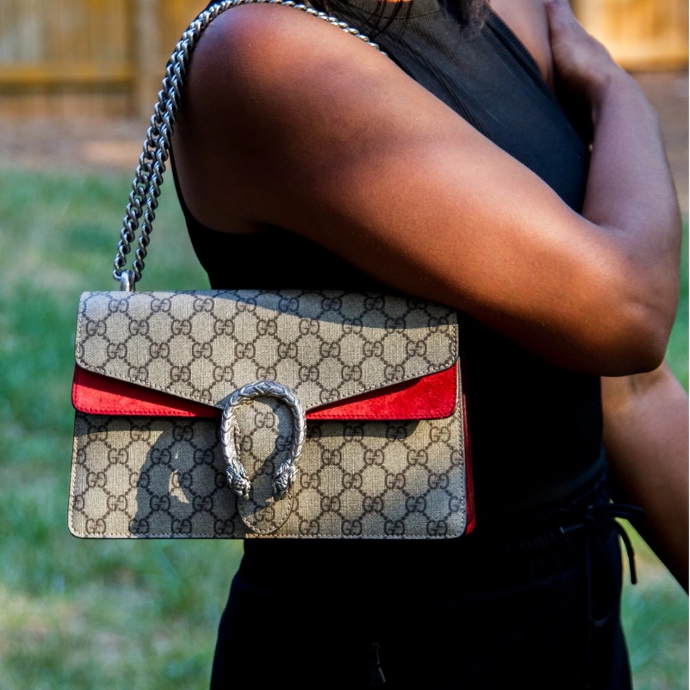 Authentic Gucci Dionysus GG Supreme Shoulder bag red suede monogram canvas